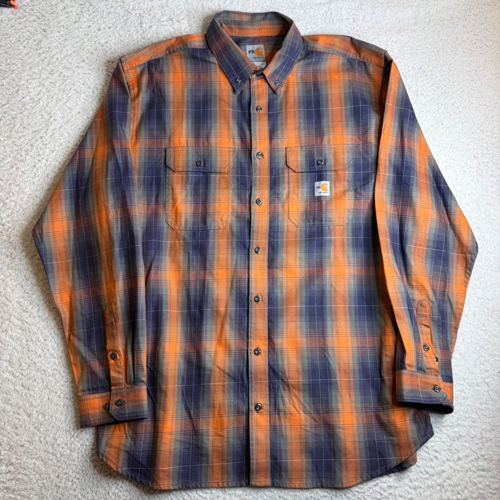 Carhartt FR Flame Resistant Plaid Shirt Mens 2XL Tall Orange Blue 104507 CAT 2